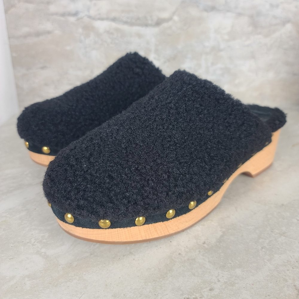 J. Crew DAKOTA Black Curly Teddy Bear Faux Fur Shearling Studded Clogs 6